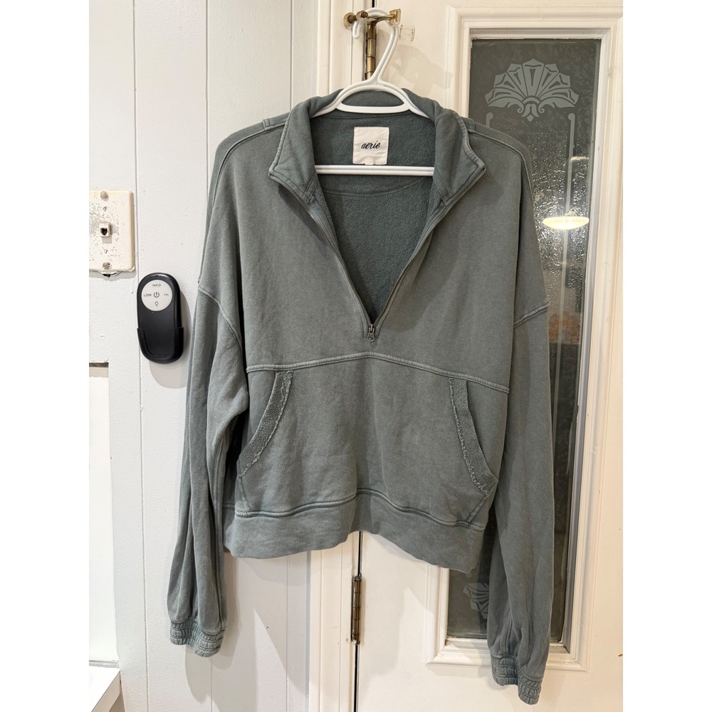 Aerie Womens Small Sage Green Quarter Zip Pullover Sweatshirt Relaxed Fit Pocket